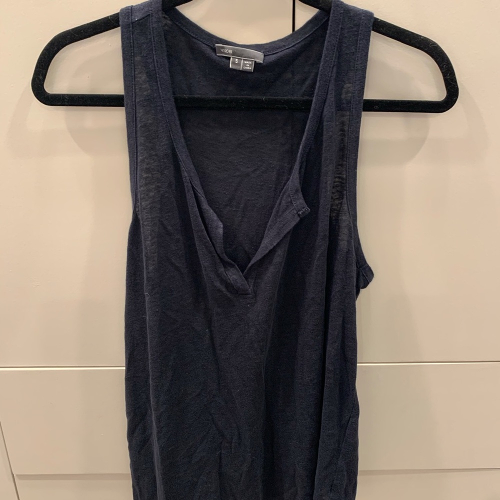 Sheer navy VINCE linen tank